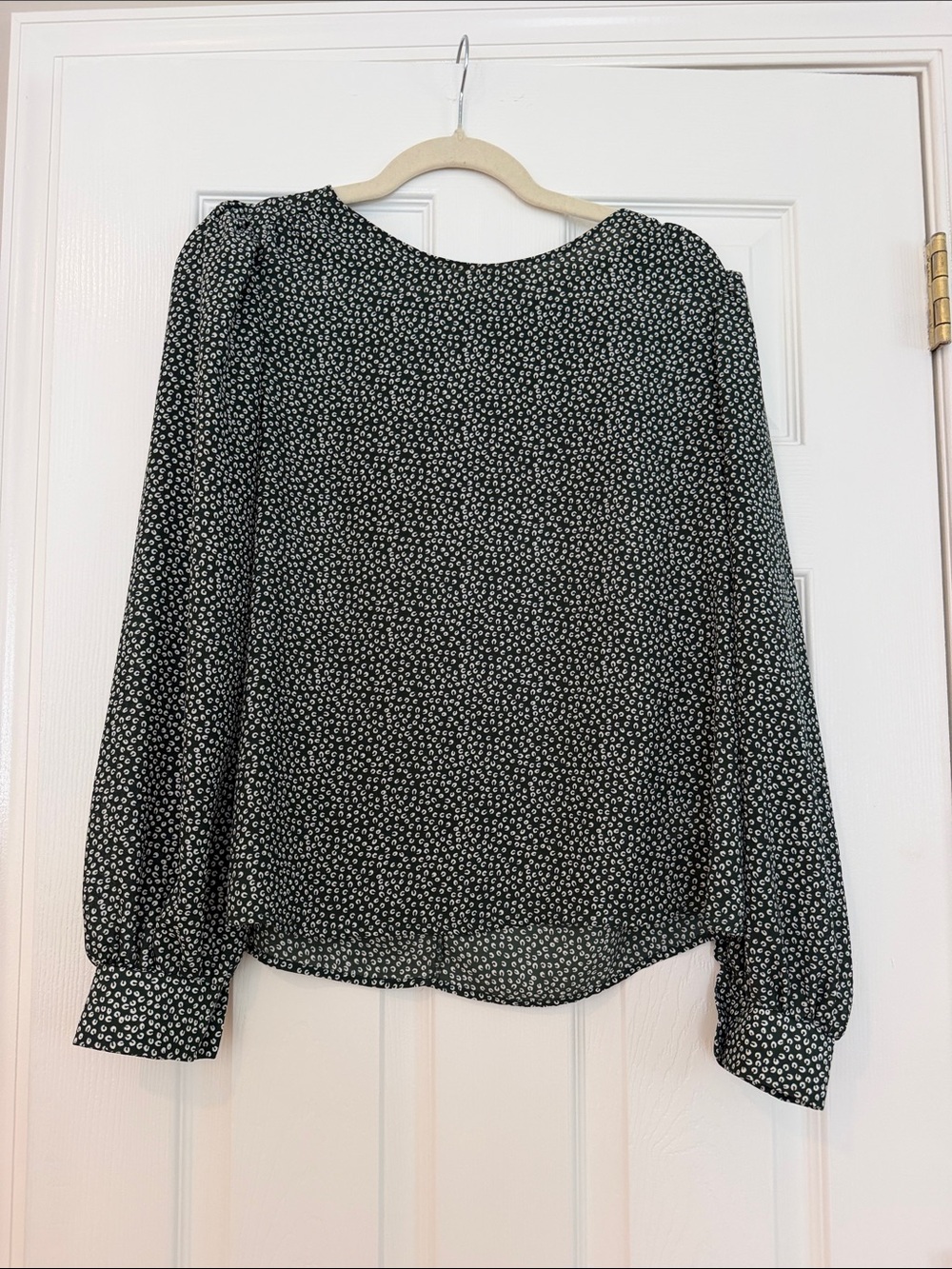 Women's Green and White Printed Long-Sleeve Blouse